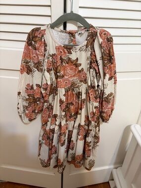 Girls' Floral Puff-Sleeve Dress in Cream and Rose